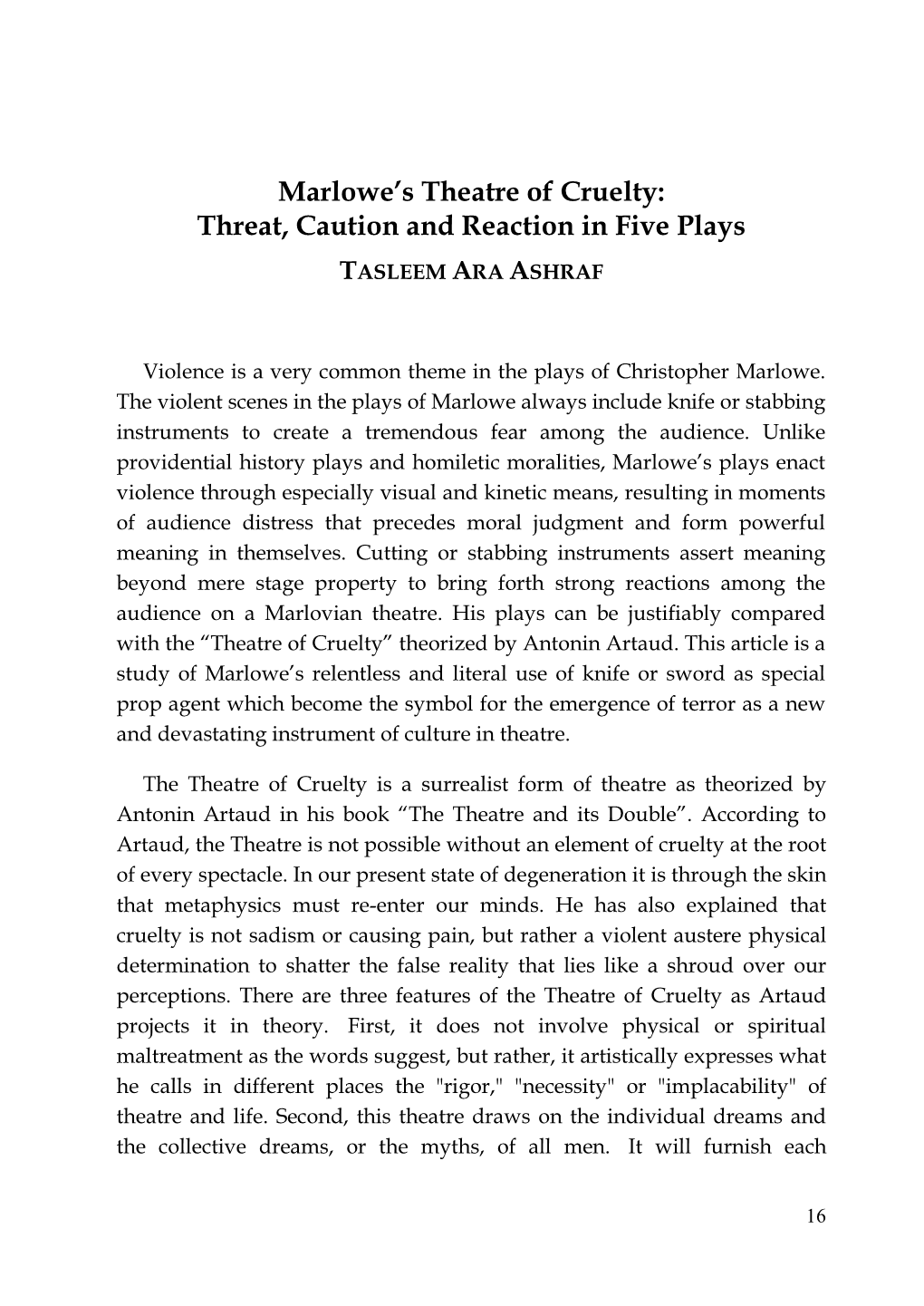 Marlowe's Theatre of Cruelty: Threat, Caution and Reaction in Five Plays