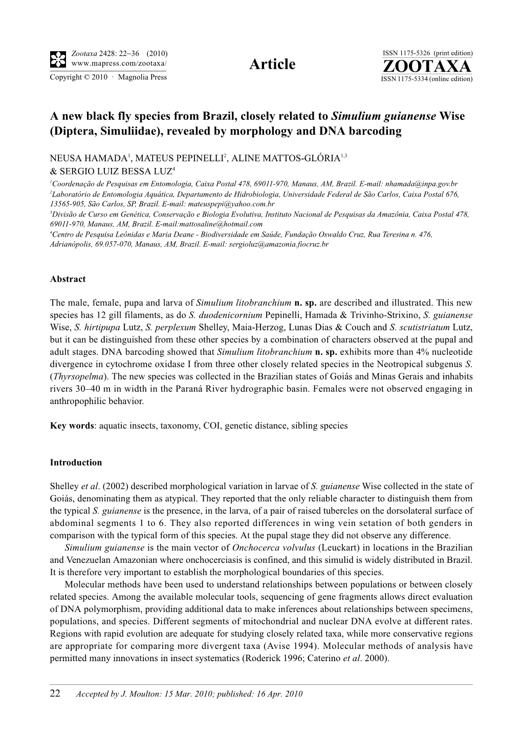 Zootaxa, a New Black Fly Species from Brazil, Closely Related to Simulium Guianense Wise