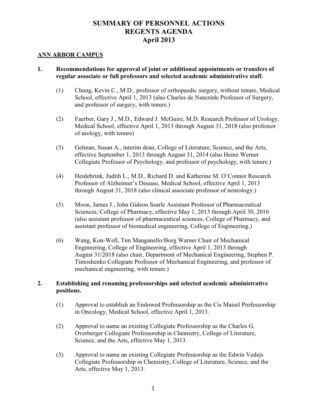 SUMMARY of PERSONNEL ACTIONS REGENTS AGENDA April 2013