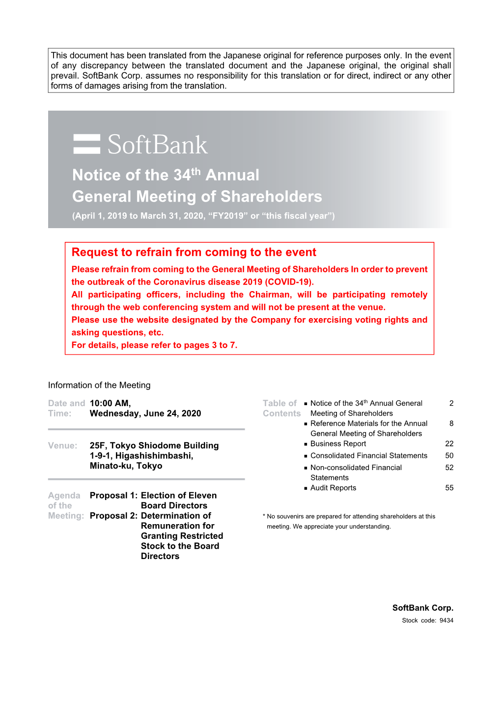 Notice of the 34Th Annual General Meeting of Shareholders (April 1, 2019 to March 31, 2020, “FY2019” Or “This Fiscal Year”)
