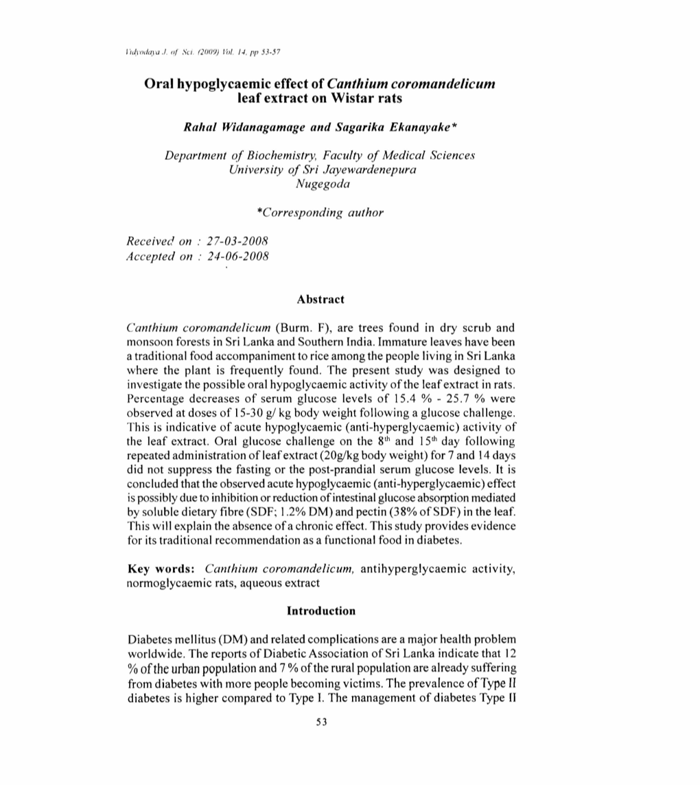 Oral Hypoglycaemic Effect of Canthium Coromandelicum Leaf Extract on Wistar Rats