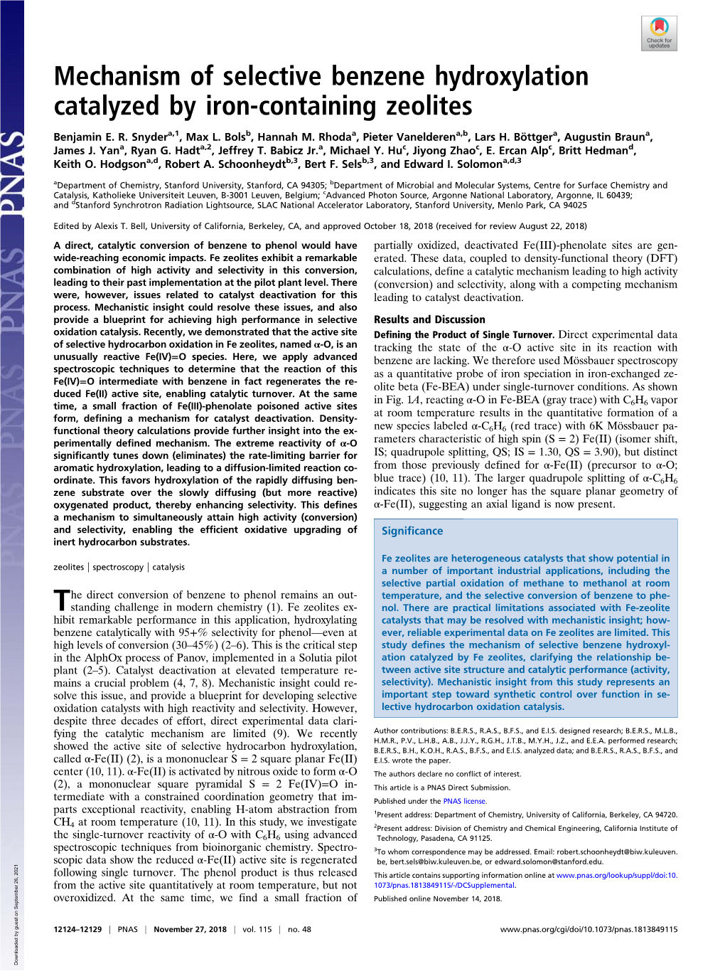 Mechanism of Selective Benzene Hydroxylation Catalyzed by Iron-Containing Zeolites