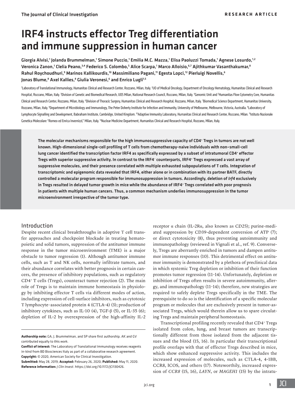 IRF4 Instructs Effector Treg Differentiation and Immune Suppression in Human Cancer