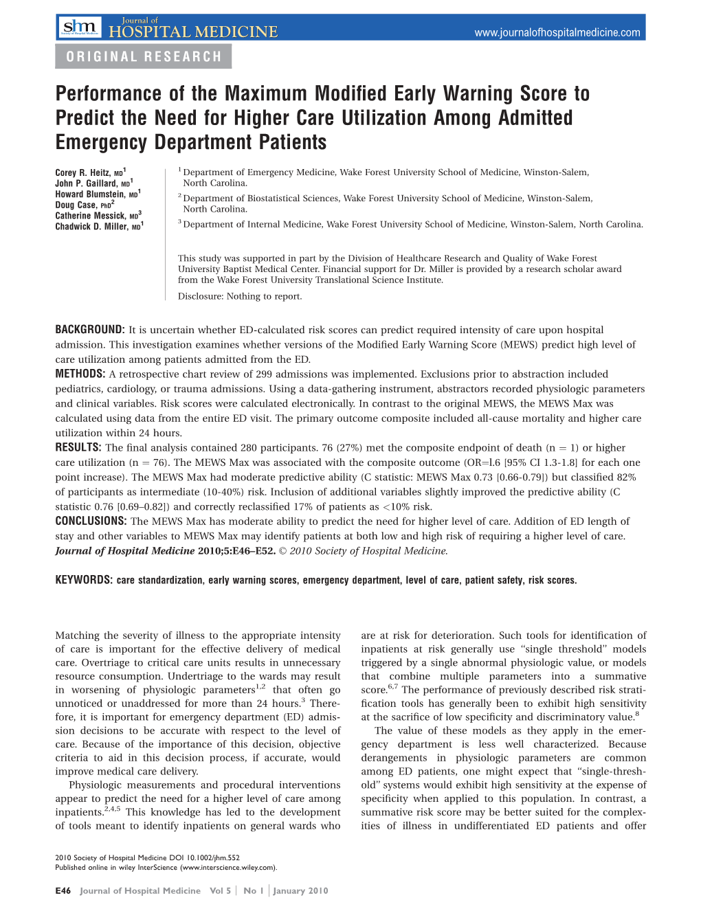 Performance of the Maximum Modified Early Warning Score to Predict The