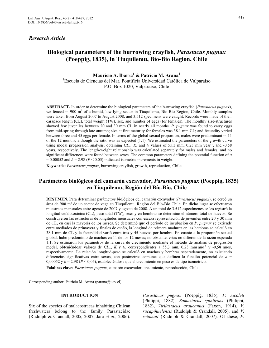 Biological Parameters of the Burrowing Crayfish, Parastacus Pugnax (Poeppig, 1835), in Tiuquilemu, Bío-Bío Region, Chile