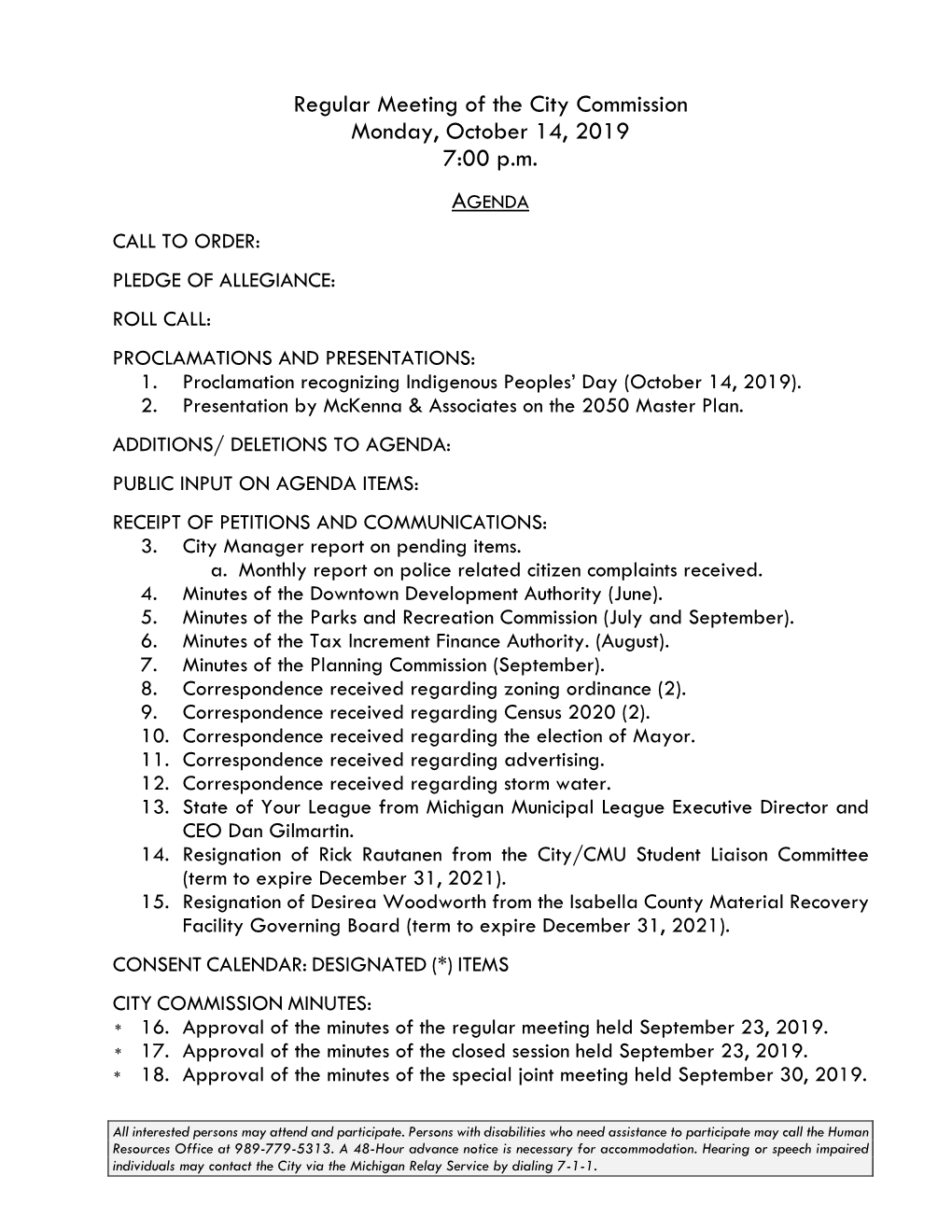 Regular Meeting of the City Commission Monday, October 14, 2019 7:00 P.M