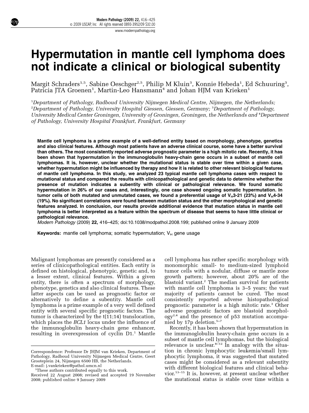 Hypermutation in Mantle Cell Lymphoma Does Not Indicate a Clinical Or Biological Subentity