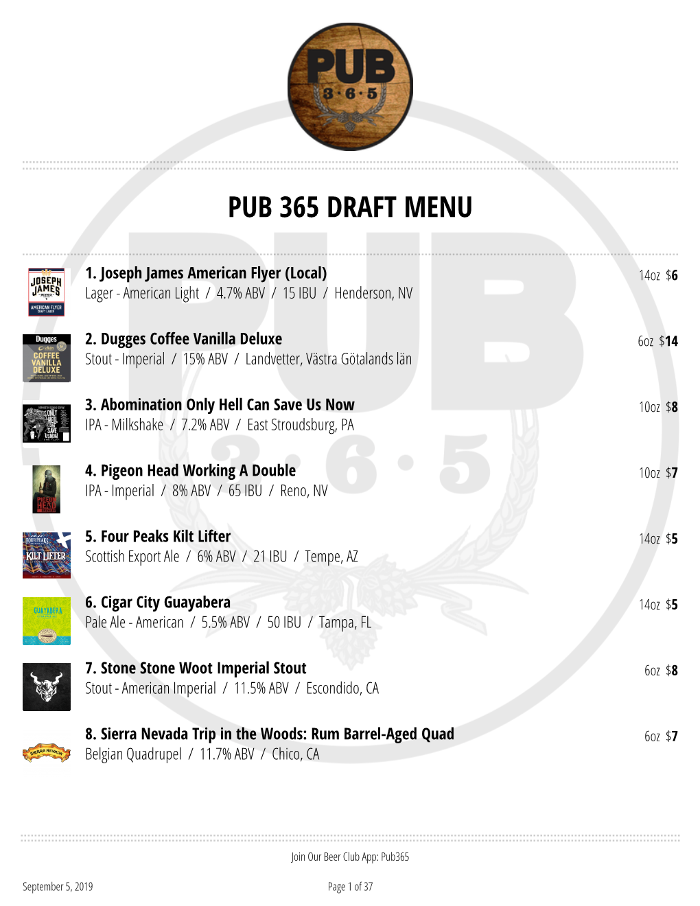 Pub 365 Draft Menu