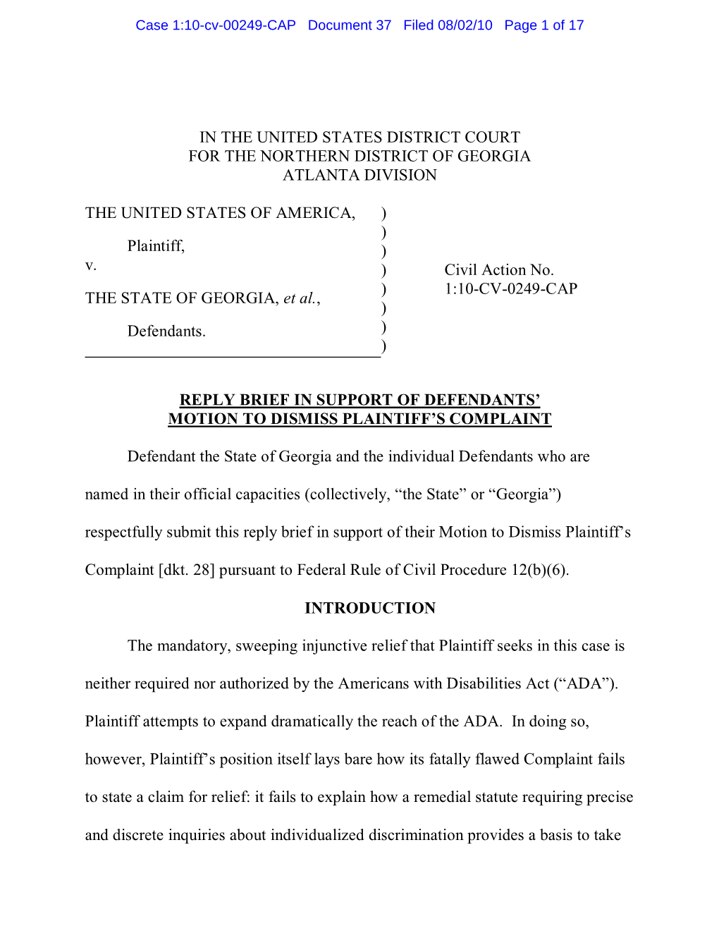 Reply Brief in Support of Defendants' Motion to Dismiss Plaintiff's Complaint