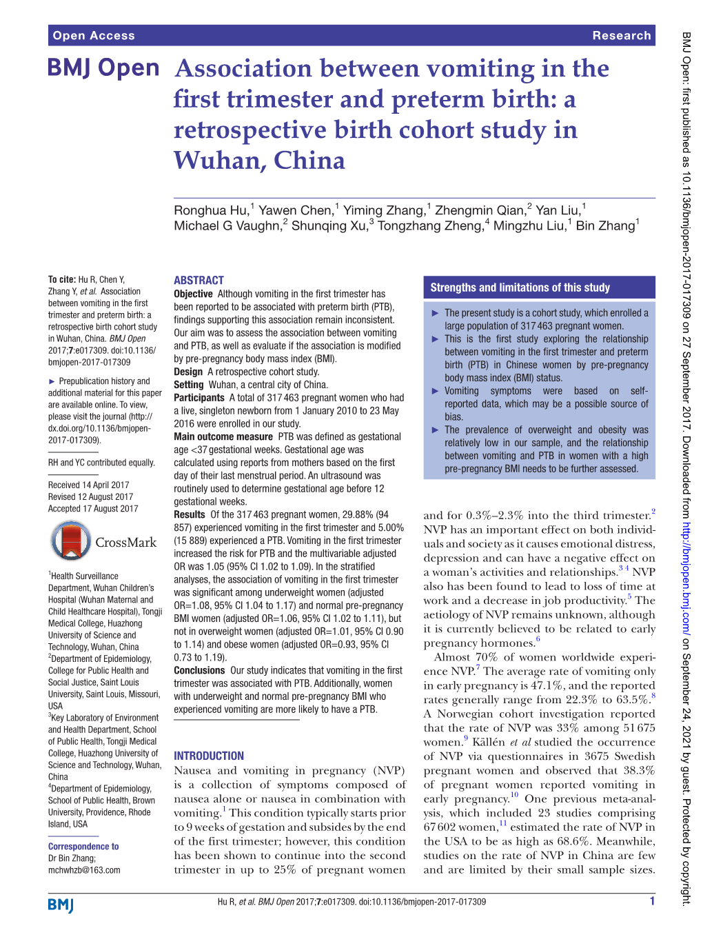 Association Between Vomiting in the First Trimester and Preterm Birth: a Retrospective Birth Cohort Study in Wuhan, China