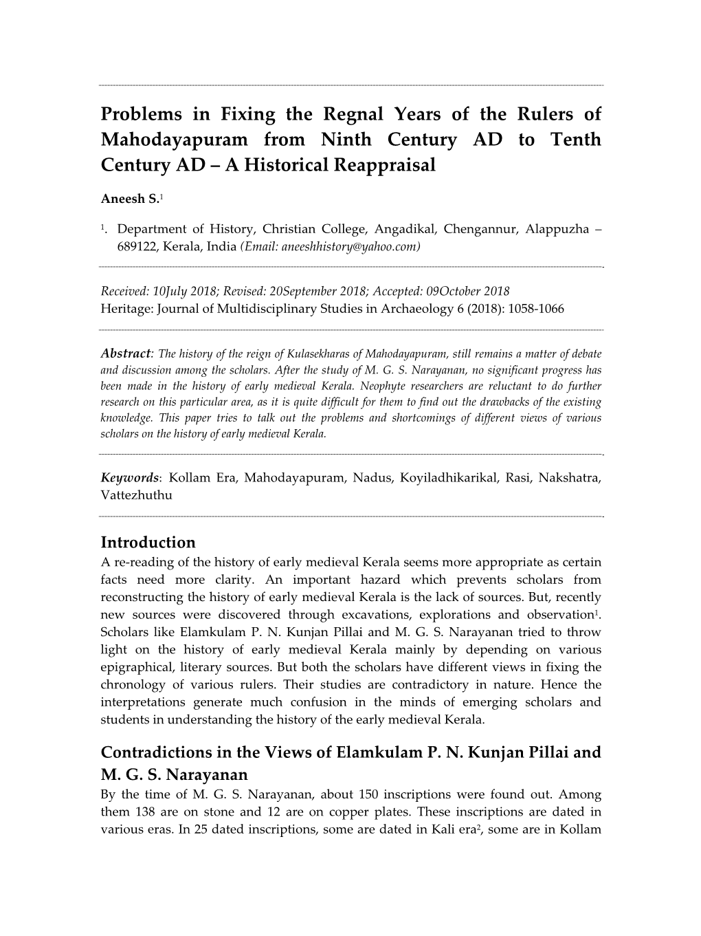 Problems in Fixing the Regnal Years of the Rulers of Mahodayapuram from Ninth Century AD to Tenth Century AD – a Historical Reappraisal