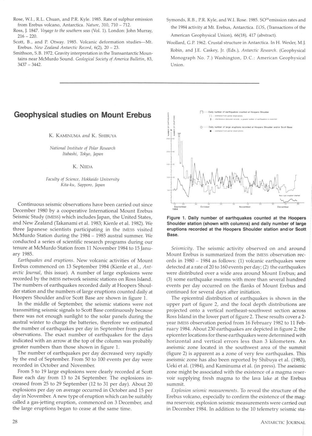 Geophysical Studies on Mount Erebus Fl------D&Ily ,,O,,B& 01 Earthquakes Counted at Hooper Shoulder