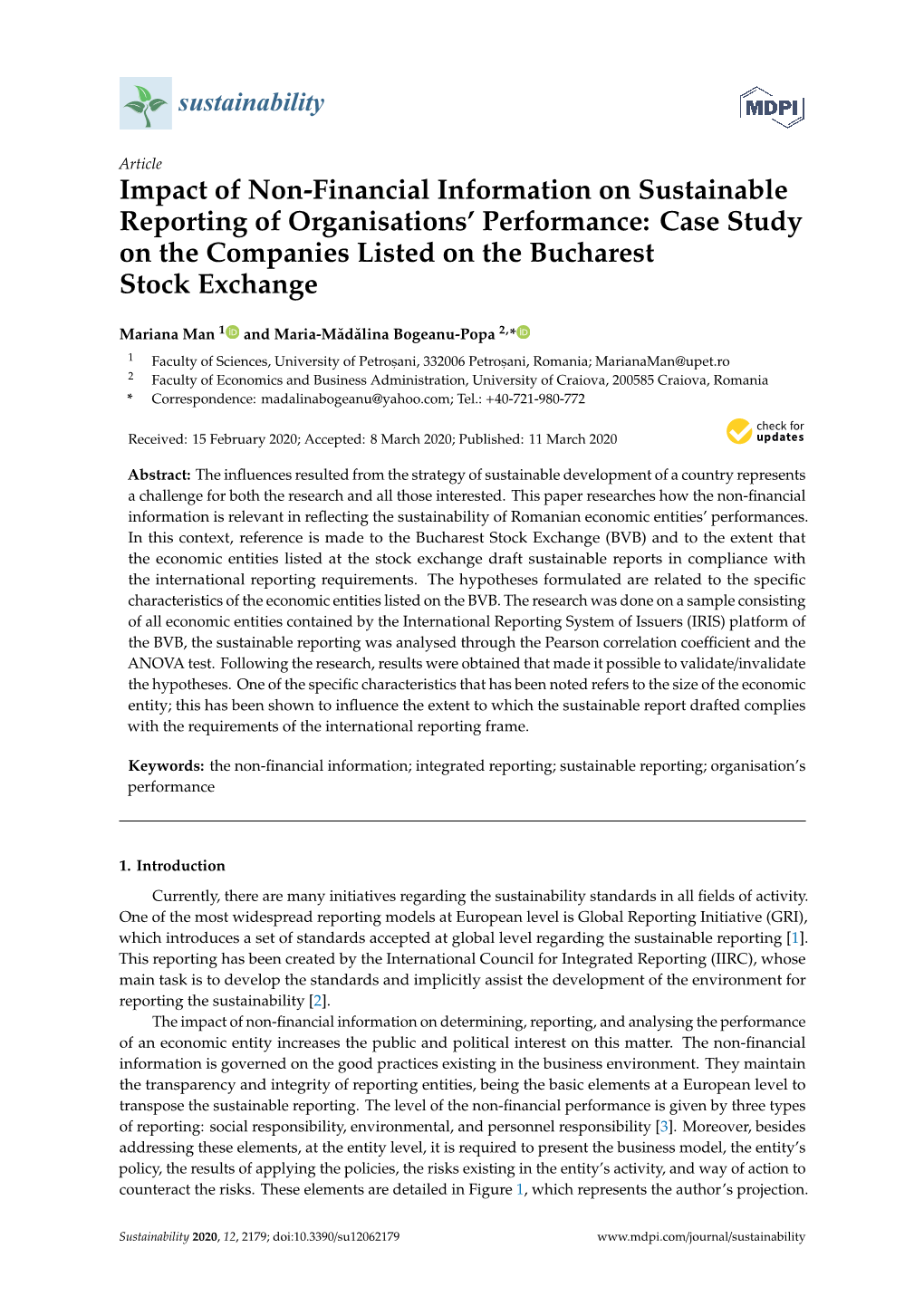 Impact of Non-Financial Information on Sustainable Reporting of Organisations’ Performance: Case Study on the Companies Listed on the Bucharest Stock Exchange
