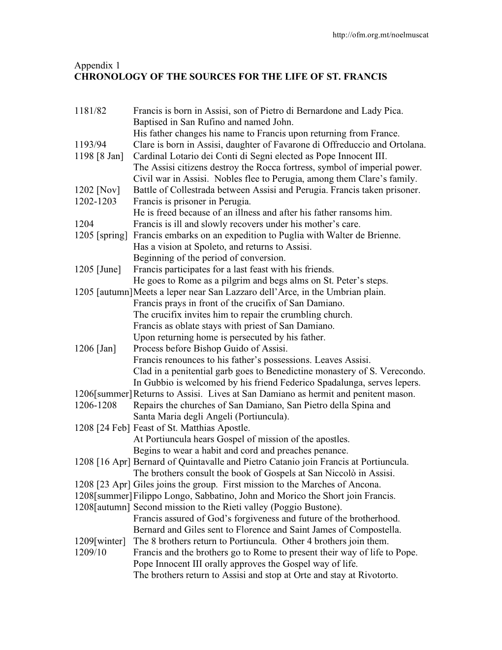 Appendix 1 CHRONOLOGY of the SOURCES for the LIFE of ST