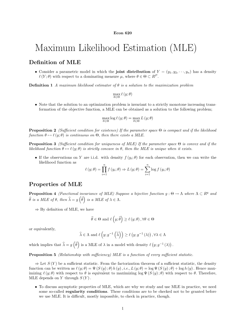 Maximum Likelihood Estimation (MLE) Deﬁnition of MLE