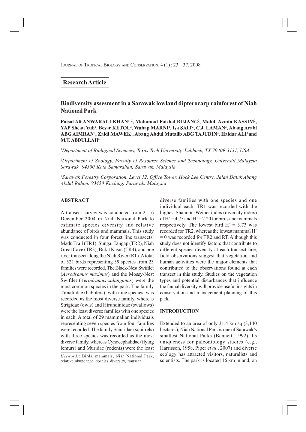 Research Article Biodiversity Assesment in a Sarawak Lowland Dipterocarp Rainforest of Niah National Park