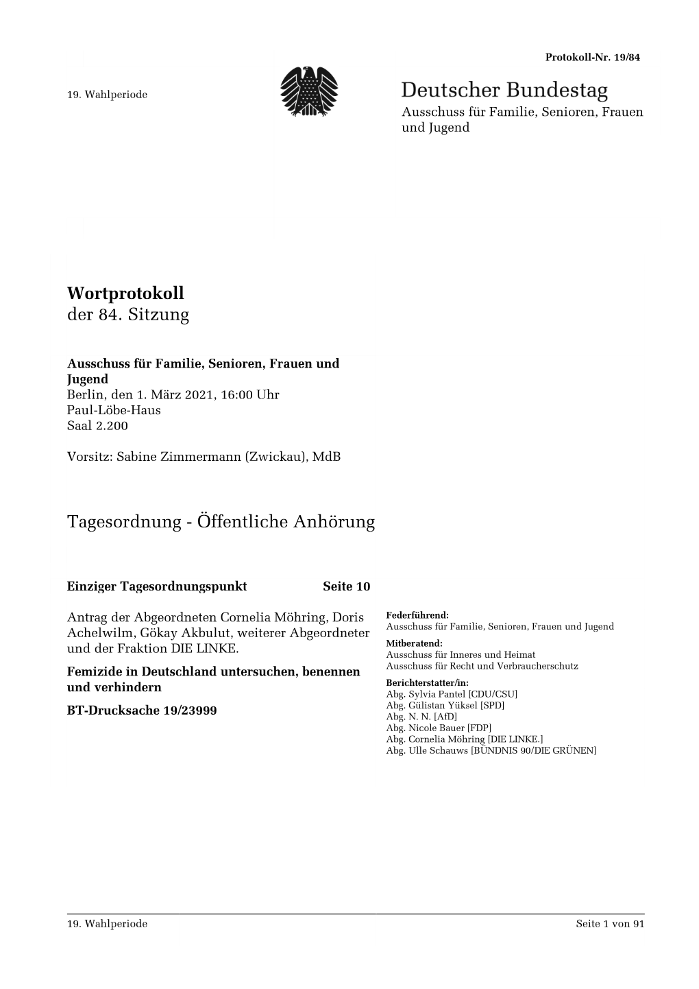 Wortprotokoll Der 84. Sitzung Tagesordnung