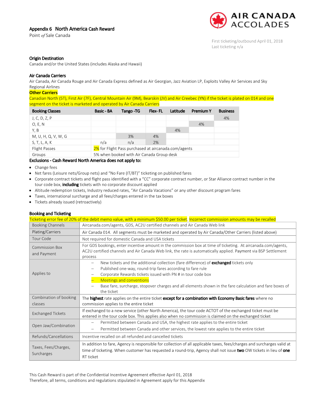 Appendix 6 North America Cash Reward Point of Sale Canada First Ticketing/Outbound April 01, 2018 Last Ticketing N/A