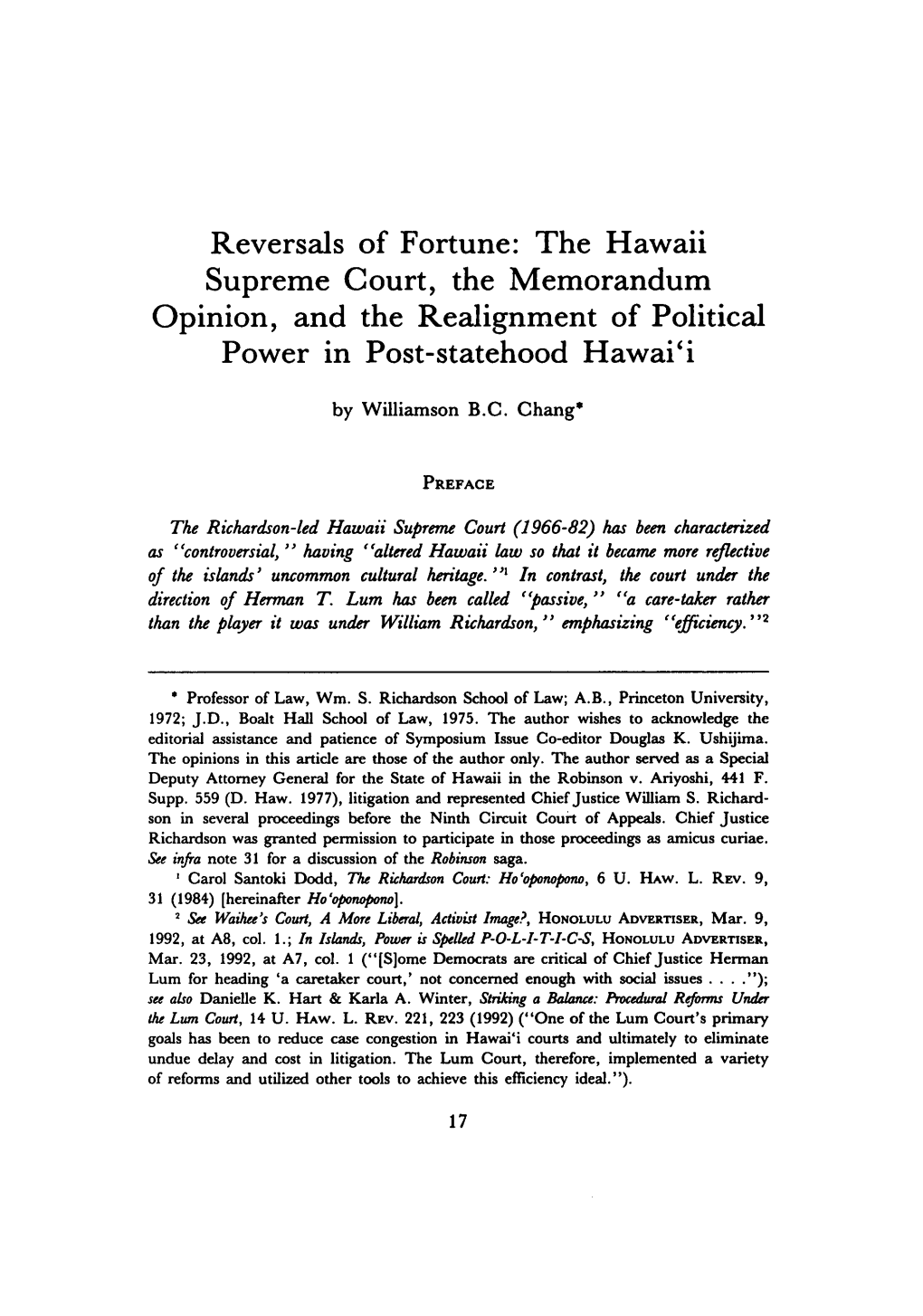 The Hawaii Supreme Court, the Memorandum Opinion, and the Realignment of Political Power in Post-Statehood Hawai'i