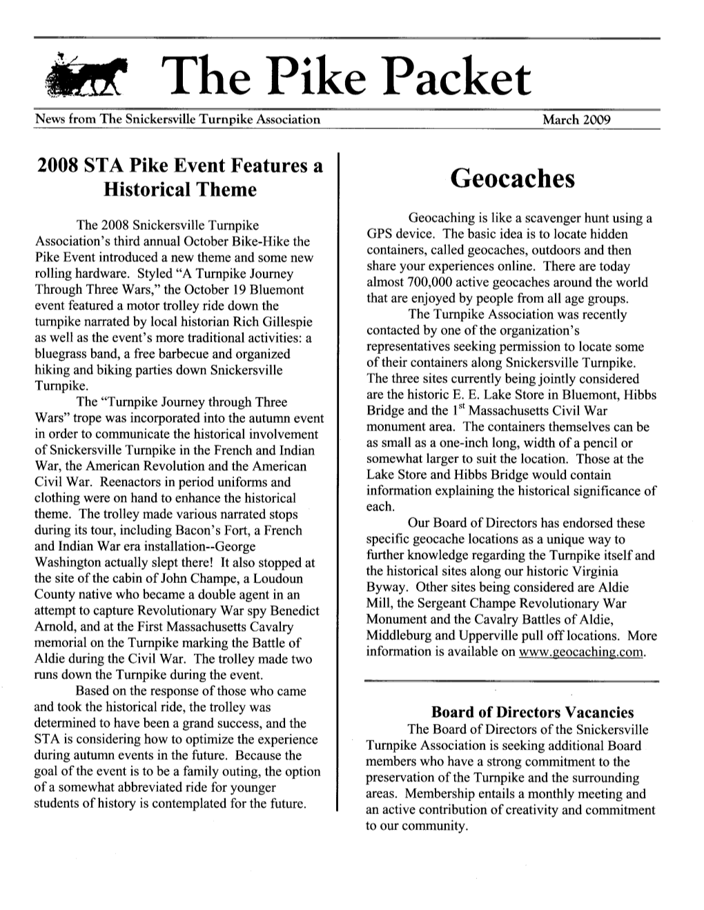 The Pike Packet News from the Snickersville Turnpike Association