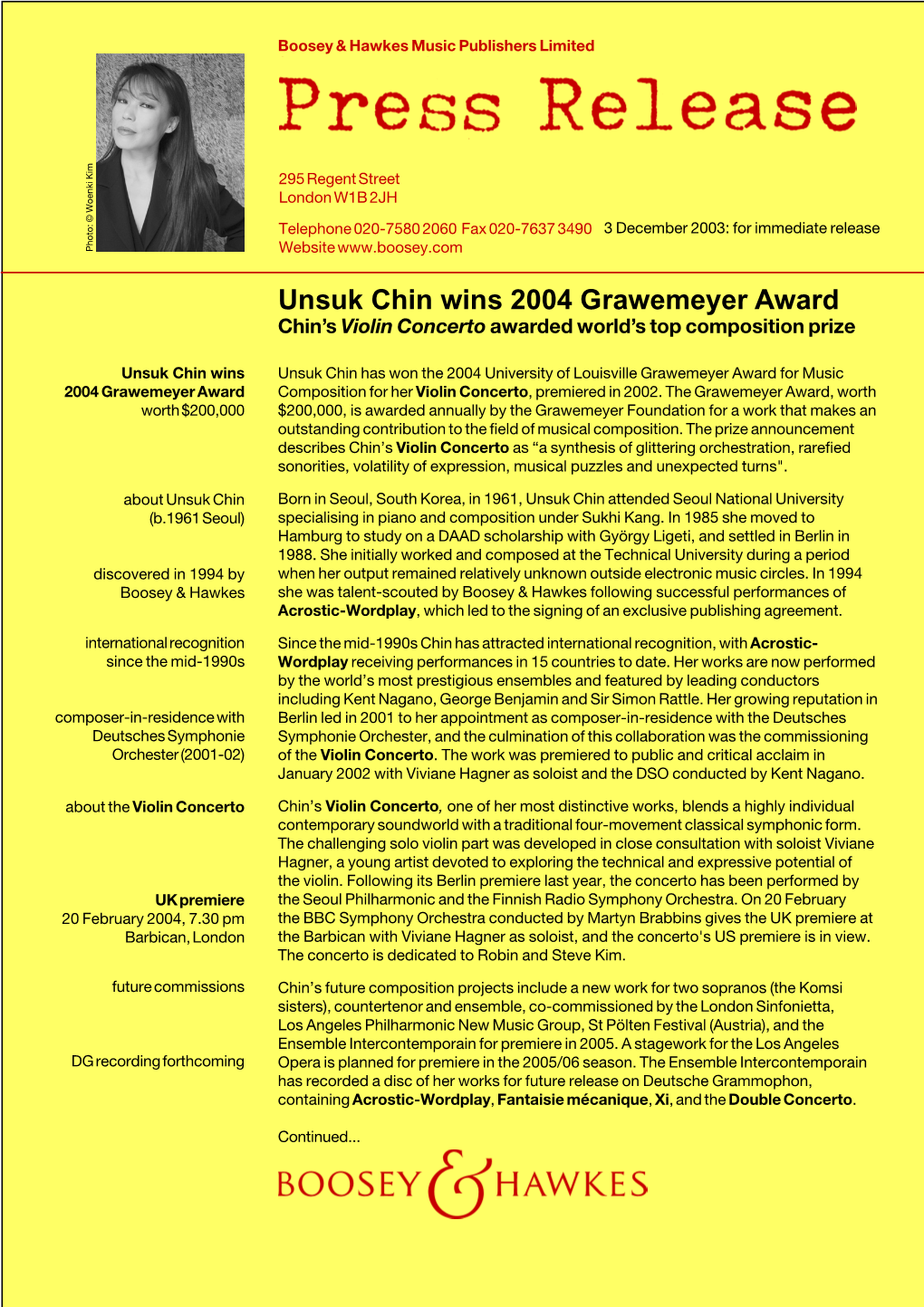 Unsuk Chin Wins 2004 Grawemeyer Award Chin’S Violin Concerto Awarded World’S Top Composition Prize