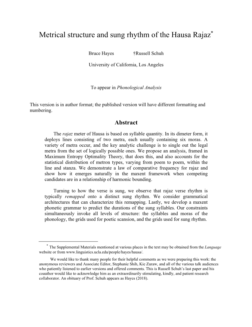 Metrical Structure and Sung Rhythm of the Hausa Rajaz*