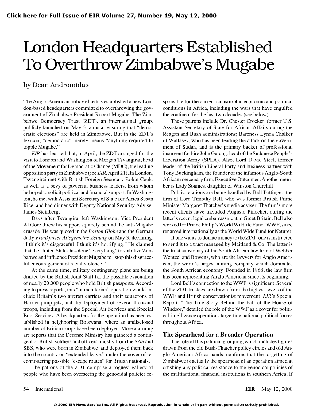 London Headquarters Established to Overthrow Zimbabwe's Mugabe