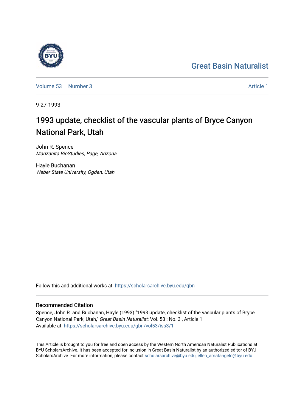 1993 Update, Checklist of the Vascular Plants of Bryce Canyon National Park, Utah
