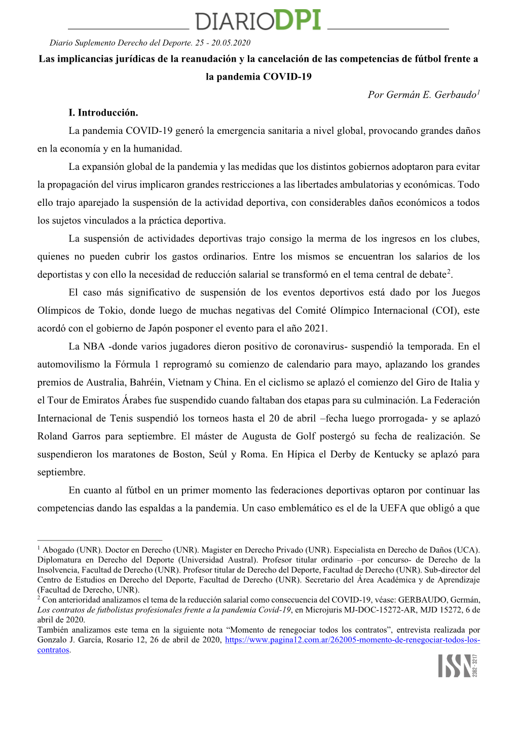 Las Implicancias Jurídicas De La Reanudación Y La Cancelación De Las Competencias De Fútbol Frente a La Pandemia COVID-19 Por Germán E