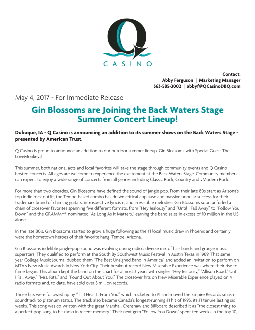 Gin Blossoms Are Joining the Back Waters Stage Summer Concert Lineup!