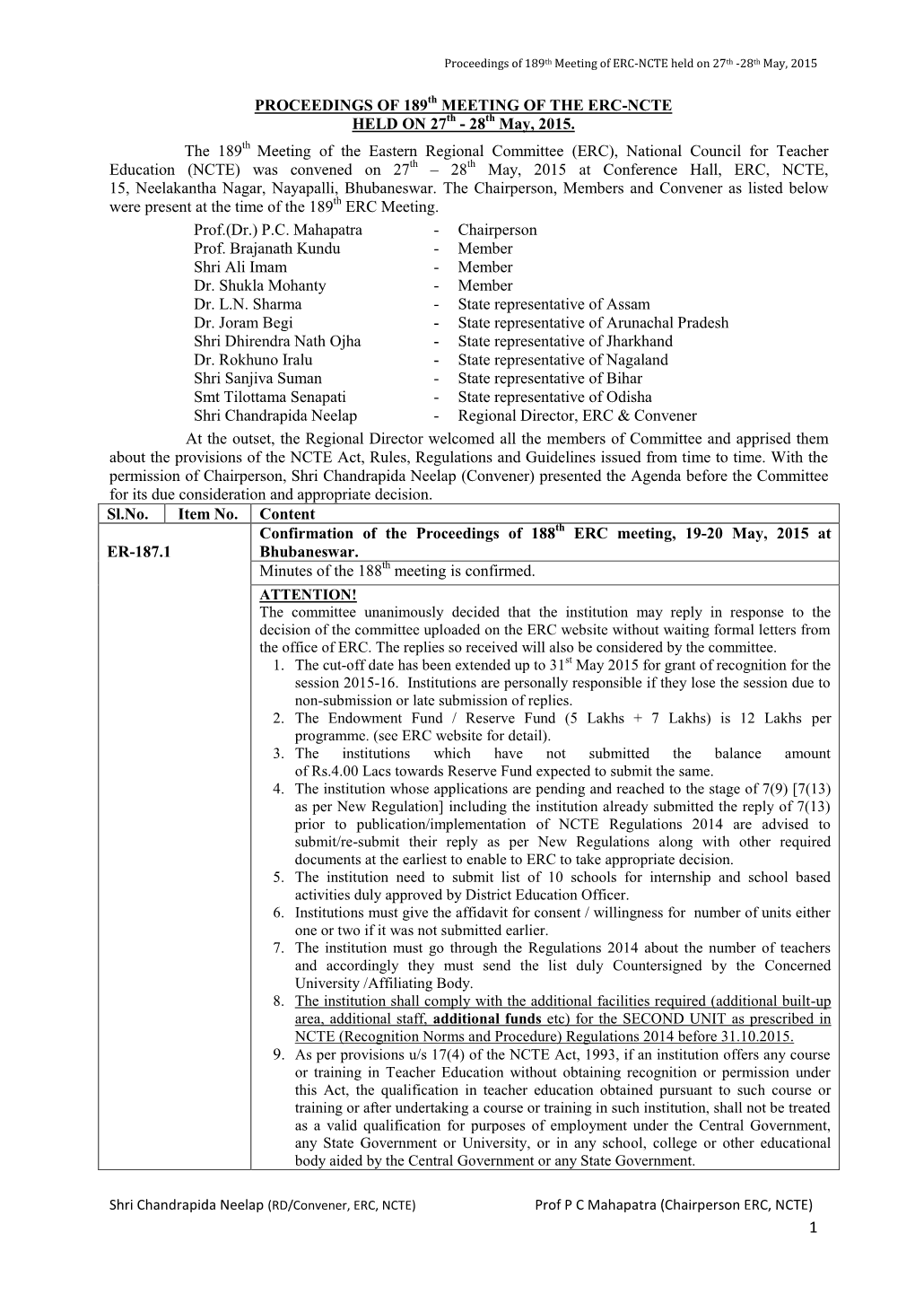 PROCEEDINGS of 189Th MEETING of the ERC-NCTE HELD on 27Th - 28Th May, 2015