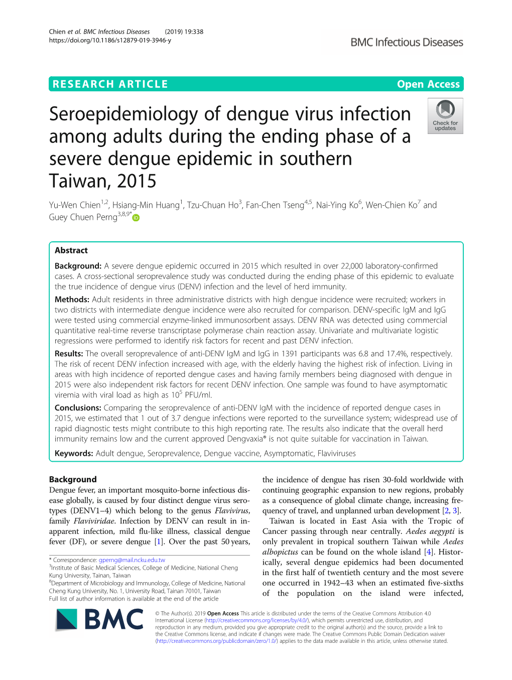 Seroepidemiology of Dengue Virus Infection Among Adults During the Ending Phase of a Severe Dengue Epidemic in Southern Taiwan