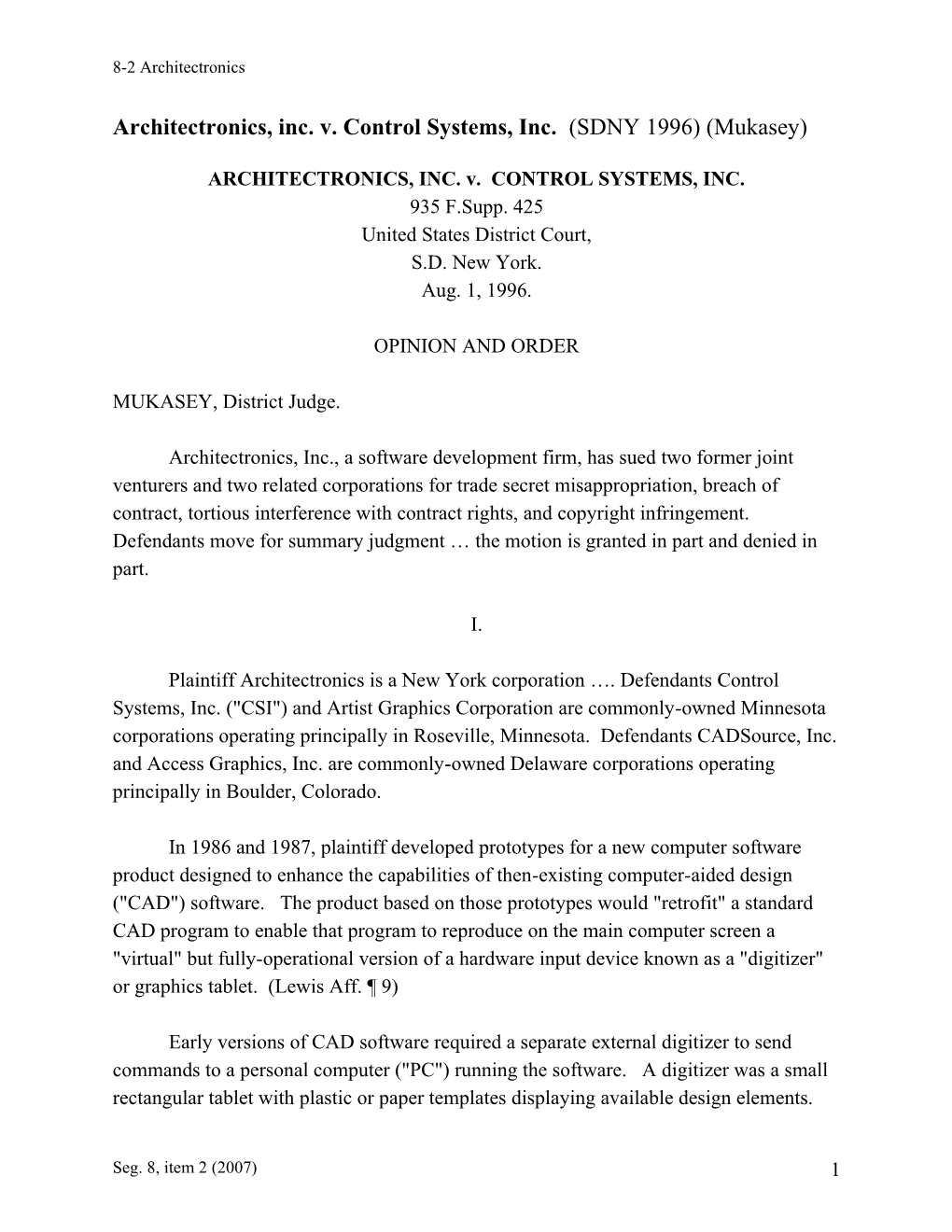 ARCHITECTRONICS, INC. V. CONTROL SYSTEMS, INC