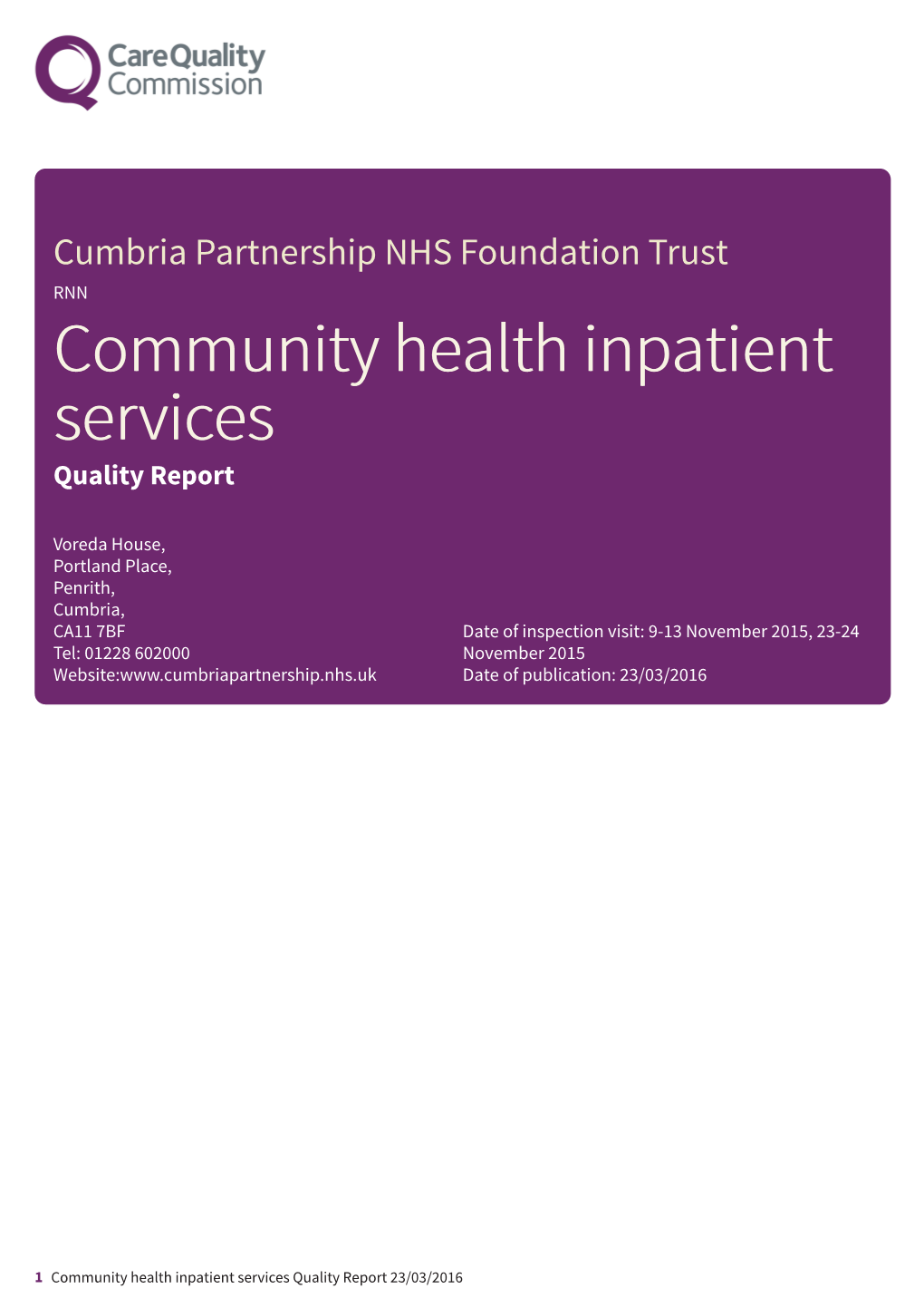 Cumbria Partnership NHS Foundation Trust Newapproachcomprehensive Core Service Report (Communityhealth Coreservice Community