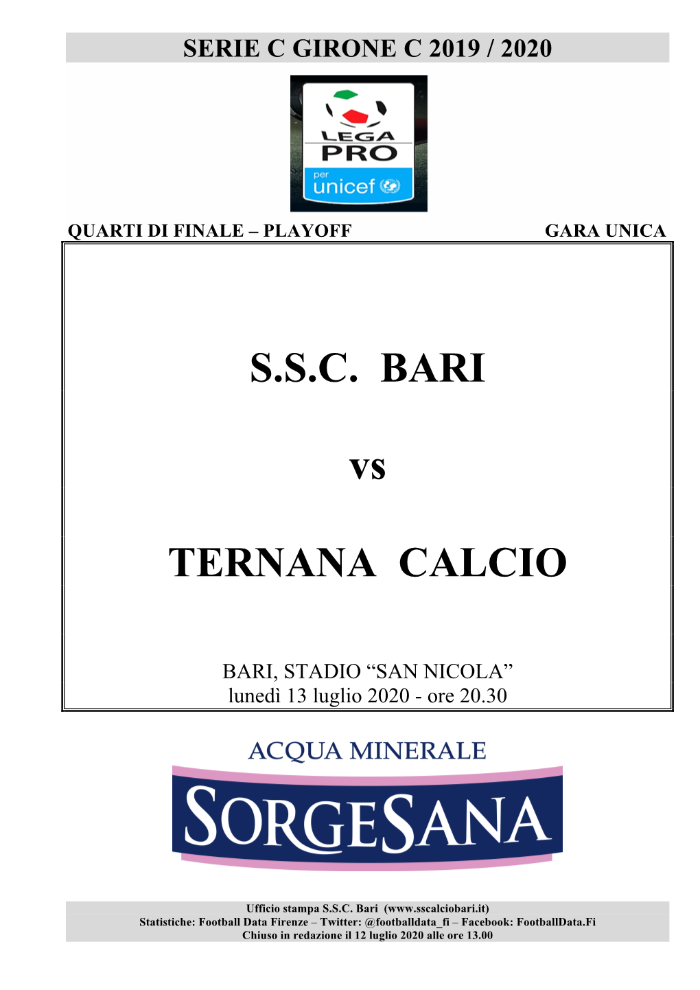 S.S.C. BARI Vs TERNANA CALCIO