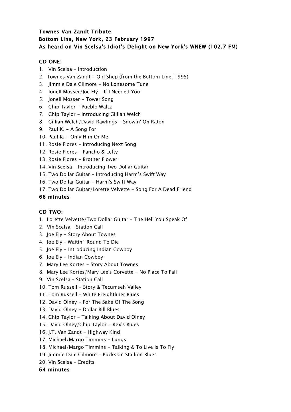 Townes Van Zandt Tribute Bottom Line, New York, 23 February 1997 As Heard on Vin Scelsa's Idiot's Delight on New York's WNEW (102.7 FM)