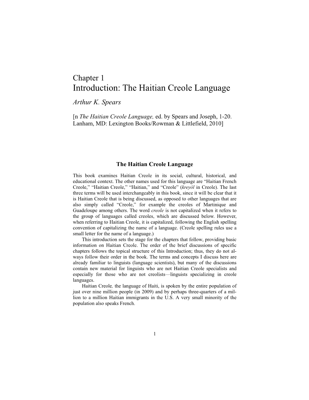 Chapter 1 Introduction: the Haitian Creole Language Arthur K