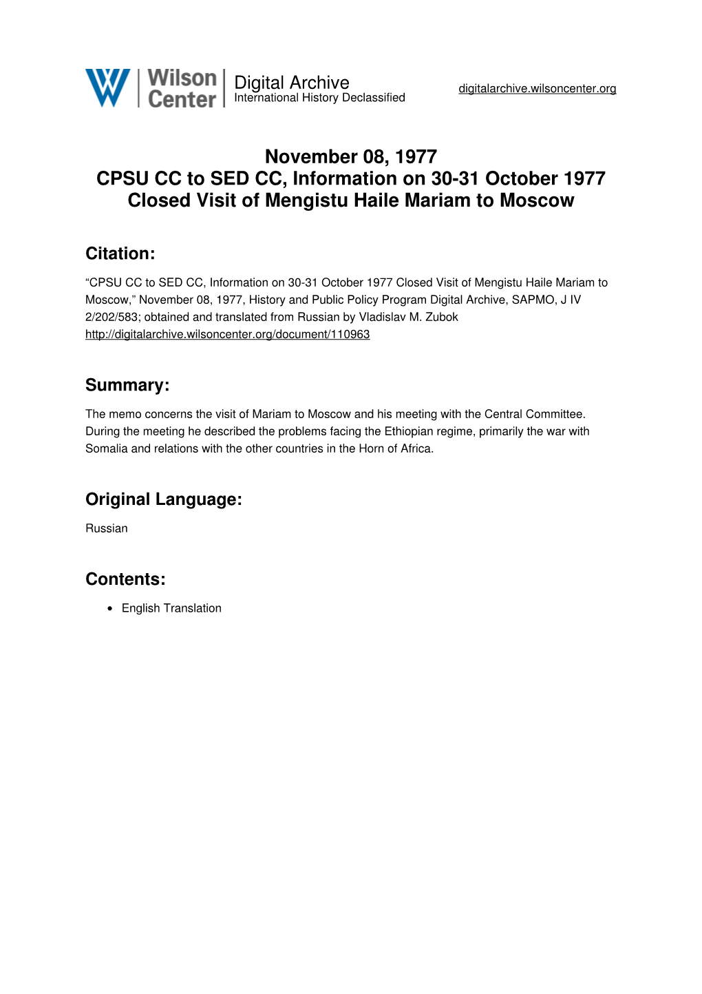 November 08, 1977 CPSU CC to SED CC, Information on 30-31 October 1977 Closed Visit of Mengistu Haile Mariam to Moscow