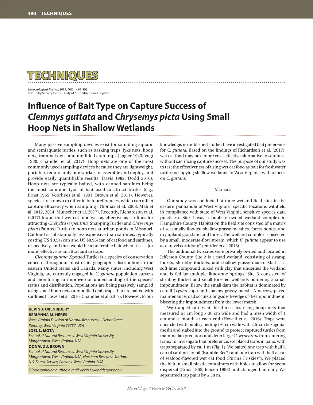 Influence of Bait Type on Capture Success of Clemmys Guttata and Chrysemys Picta Using Small Hoop Nets in Shallow Wetlands