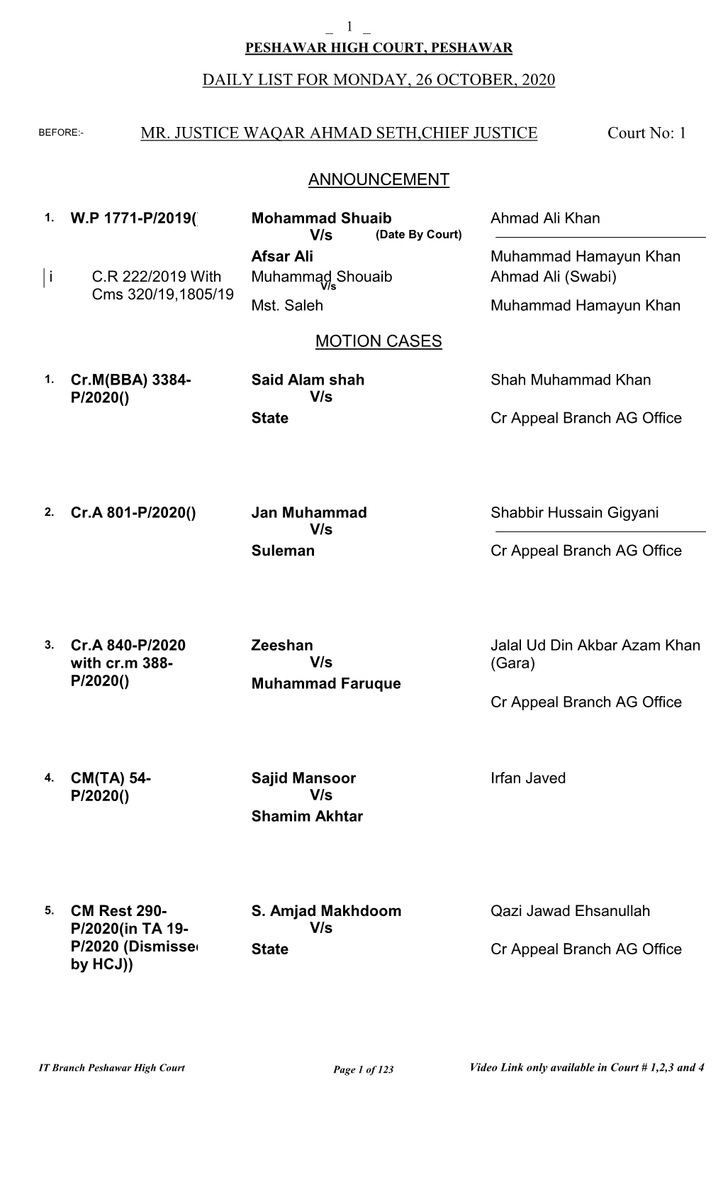 Single Becnh List for 26-10-2020(Monday)