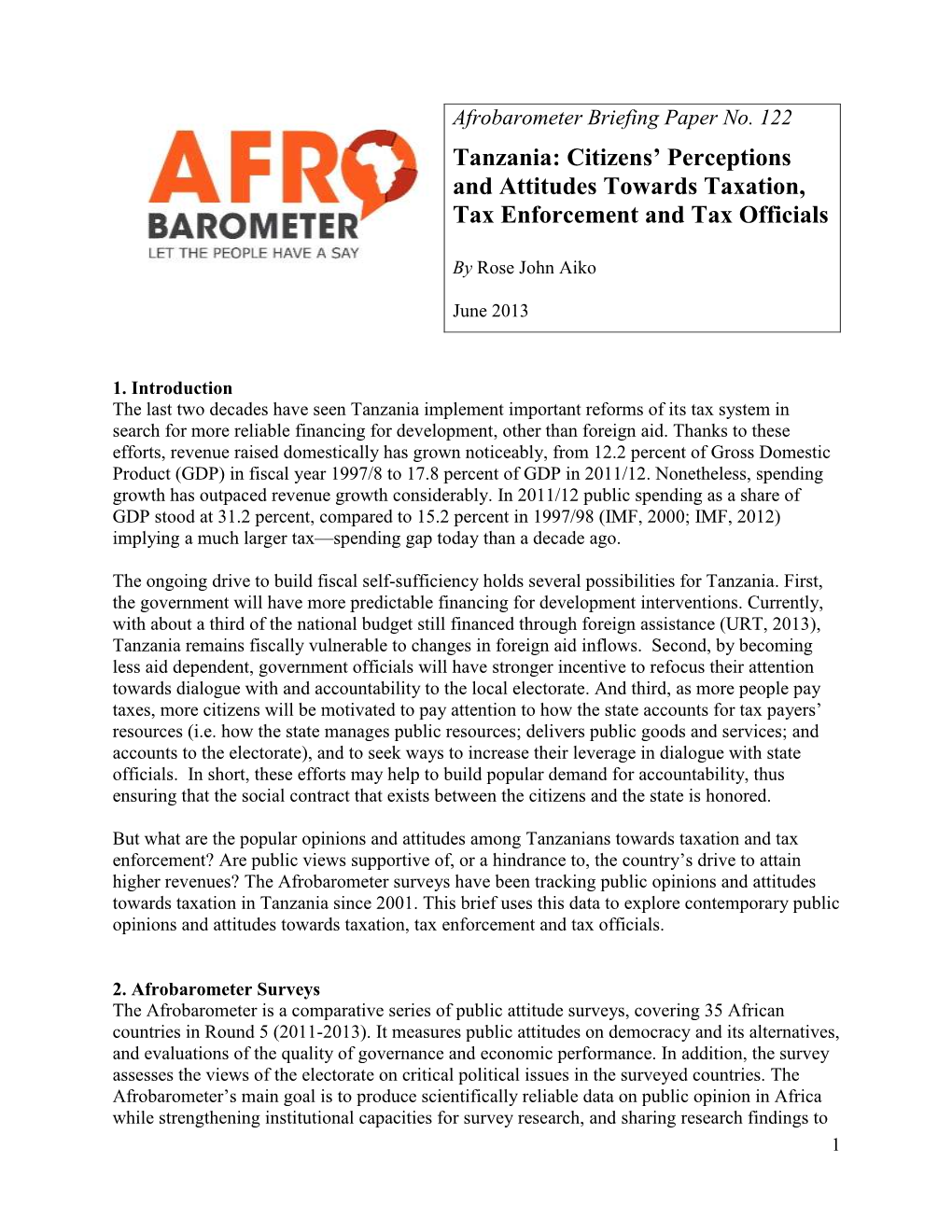 Tanzania: Citizens’ Perceptions and Attitudes Towards Taxation, Tax Enforcement and Tax Officials