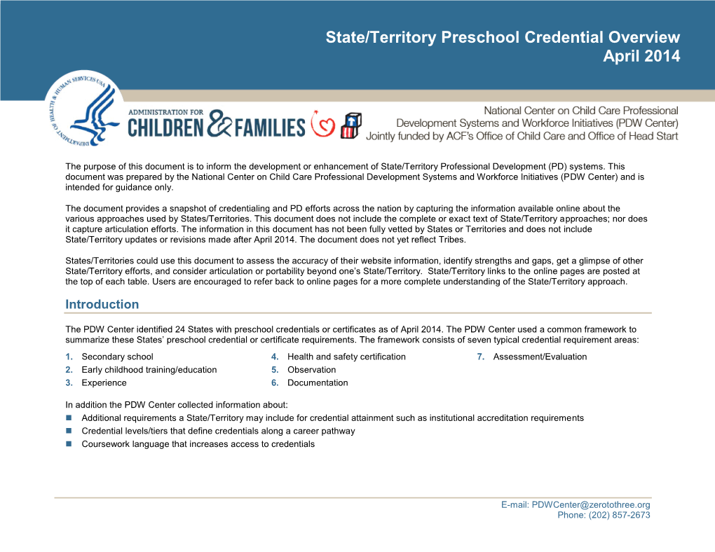 State/Territory Preschool Credential Overview April 2014