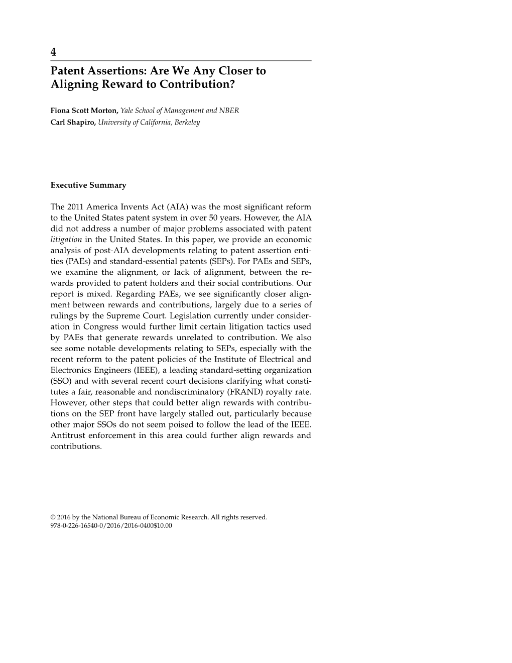 Patent Assertions: Are We Any Closer to Aligning Reward to Contribution?