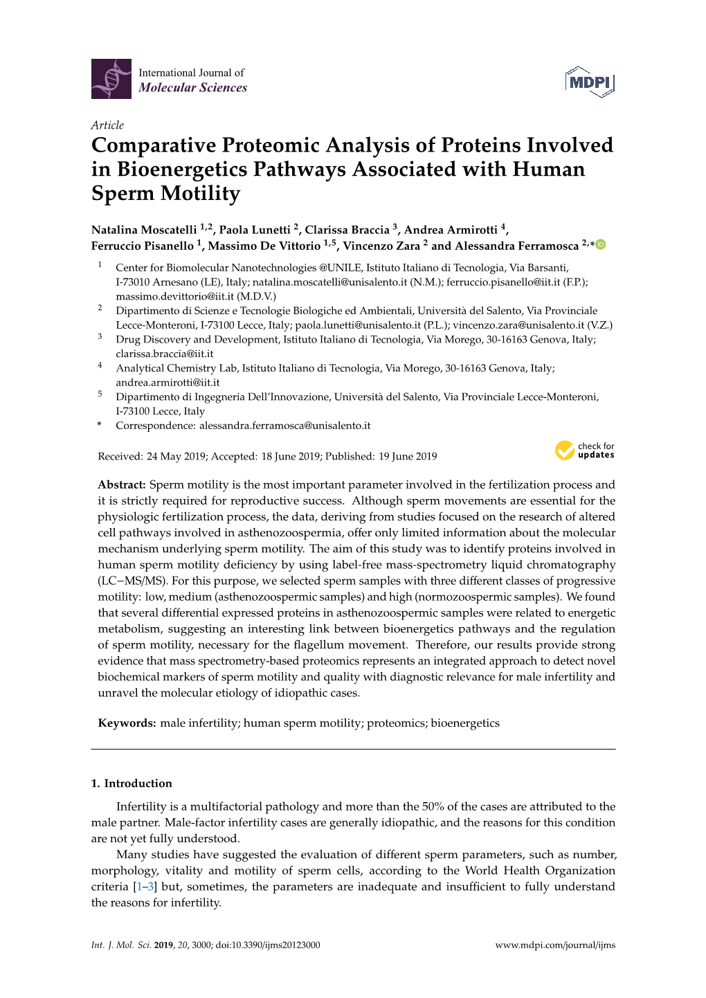 Comparative Proteomic Analysis of Proteins Involved in Bioenergetics Pathways Associated with Human Sperm Motility
