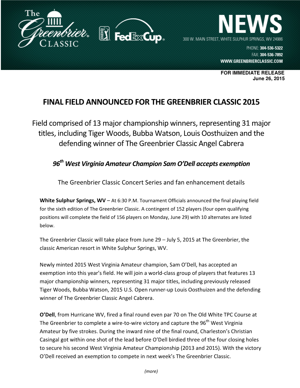 Final Field Announced for the Greenbrier Classic 2015