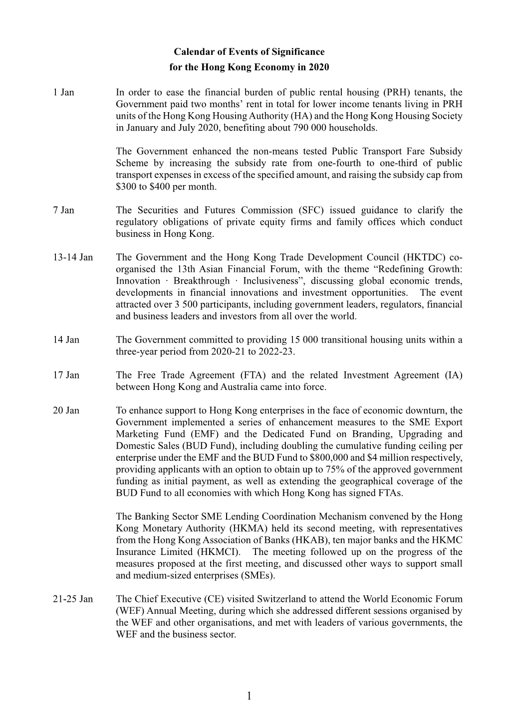 Calendar of Events of Significance for the Hong Kong Economy in 2020 1 Jan in Order to Ease the Financial Burden of Public Renta