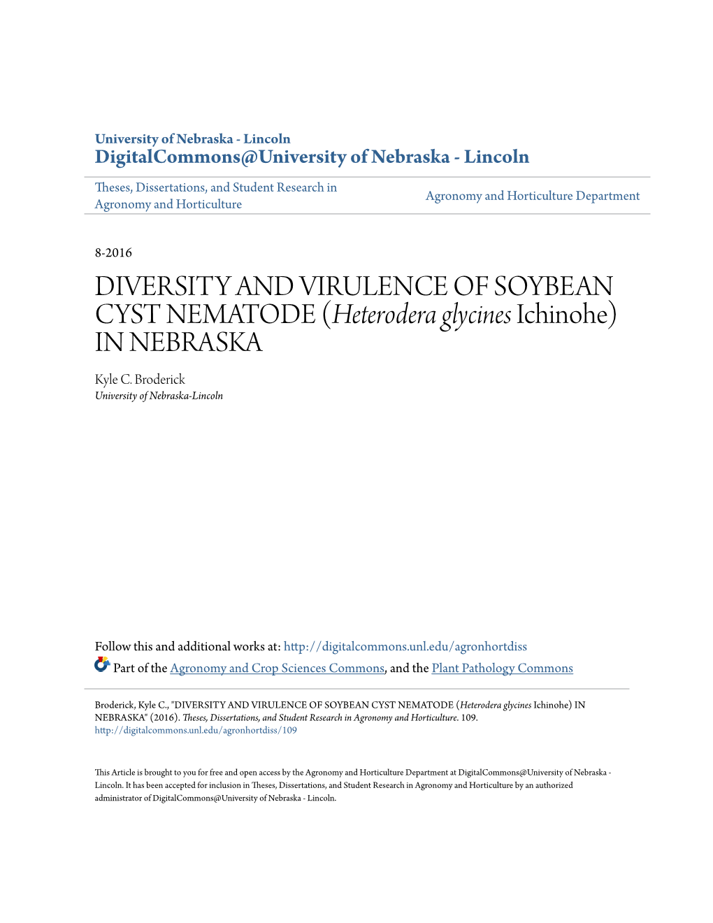 DIVERSITY and VIRULENCE of SOYBEAN CYST NEMATODE (&lt;I