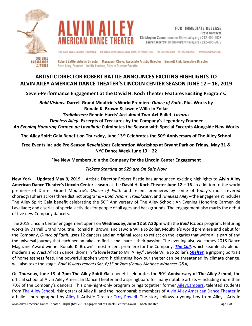 Artistic Director Robert Battle Announces Exciting Highlights to Alvin Ailey American Dance Theater’S Lincoln Center Season June 12 – 16, 2019
