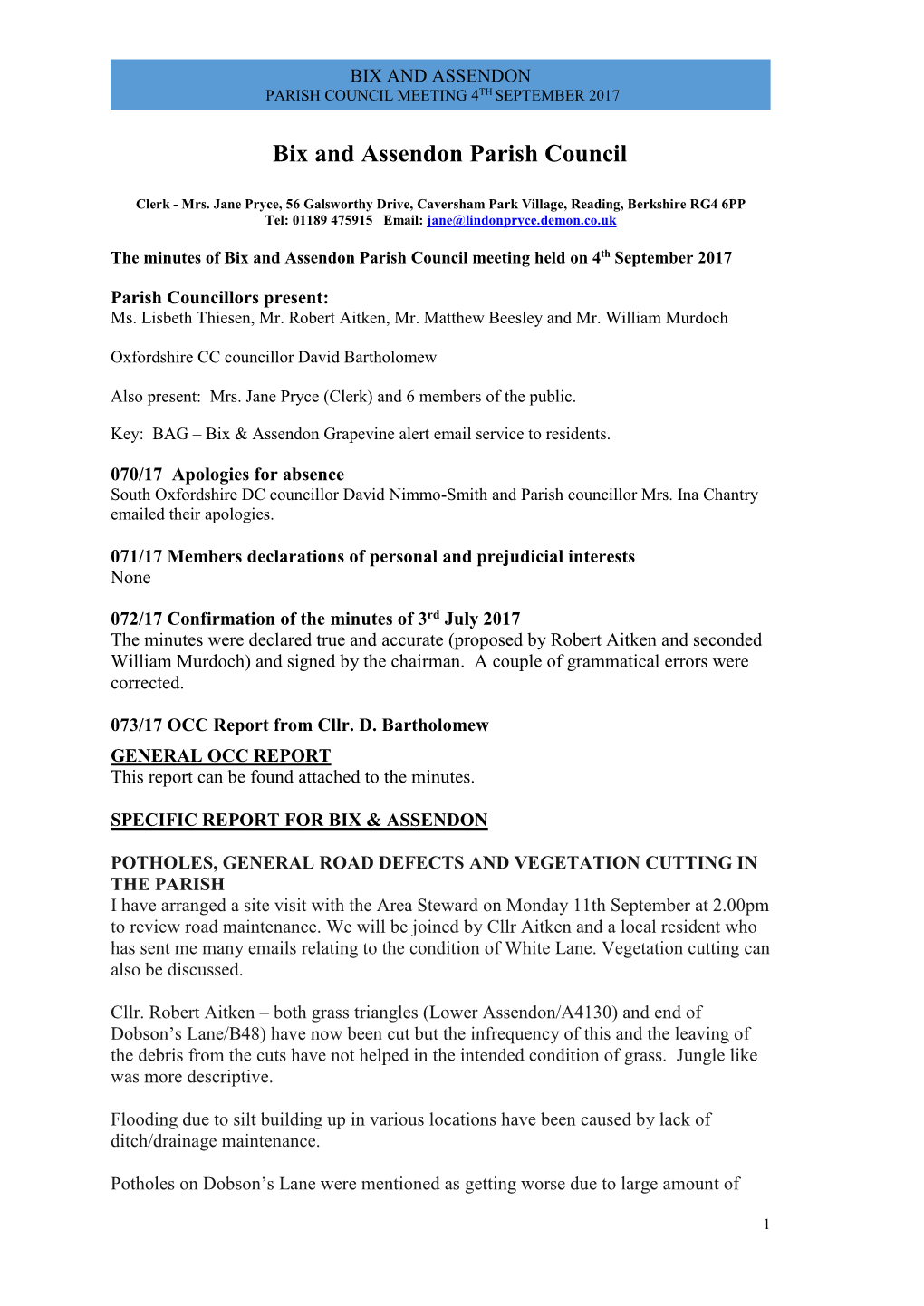 Bix and Assendon PARISH COUNCIL Meeting 2Nd November 2015