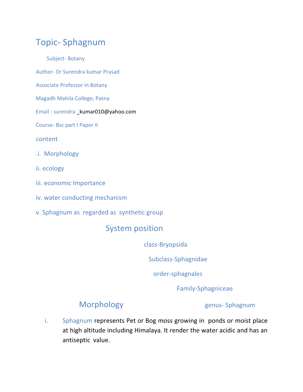 Topic- Sphagnum